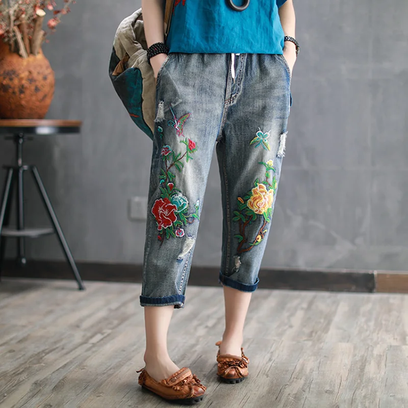 

Flower Women Embroidery Jeans Summer Ripped Casual Loose Denim Drawstring Retro Ankle-Length Pencil Pants Femme XY81