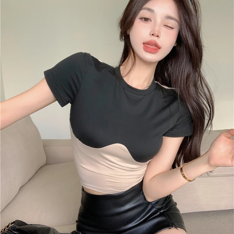 

Round Neck Stitching Contrast Color Personalized T-shirt Women Summer Korean Female Trend Streetwear Slim Short-sleeve Tops Tees