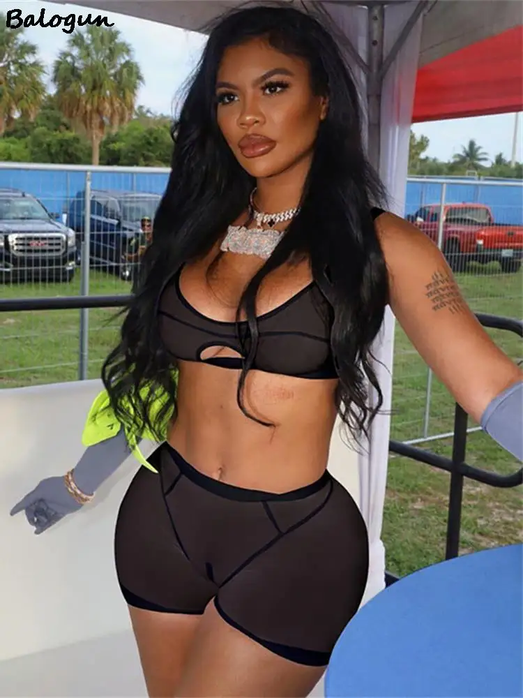 

Balogun Summer Sexy 2 Two Peice Sets Women Outfits 2022 Sleeveless Crop Top See Through Mesh Shorts White Black Matching Sets
