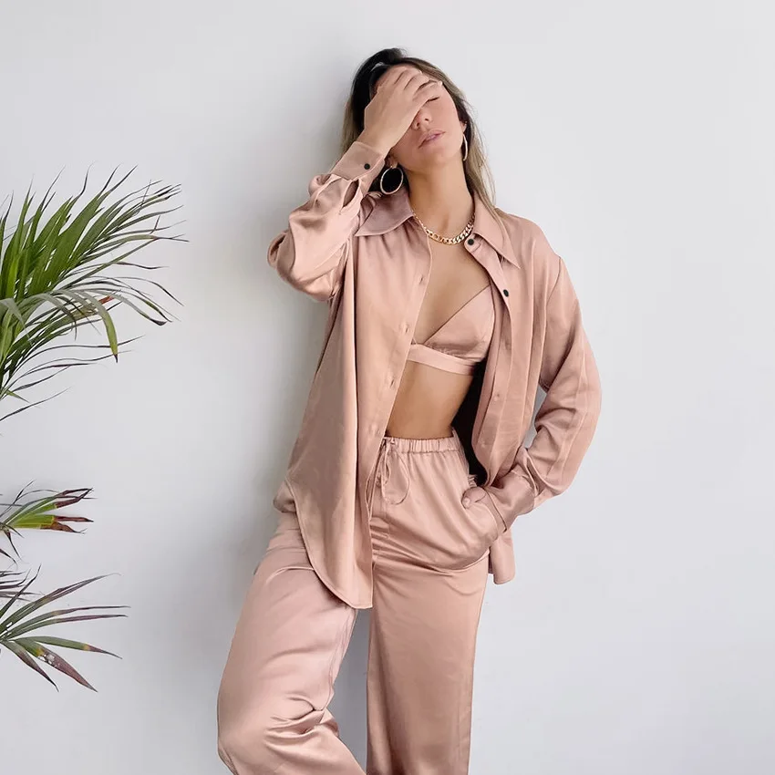 

3 Pieces Satin Full Sleeves Trouser Suits Turn Down Collar Shirt Long Trousers Pajamas Set Women Faux Silk V Neck Sleepwear Suit