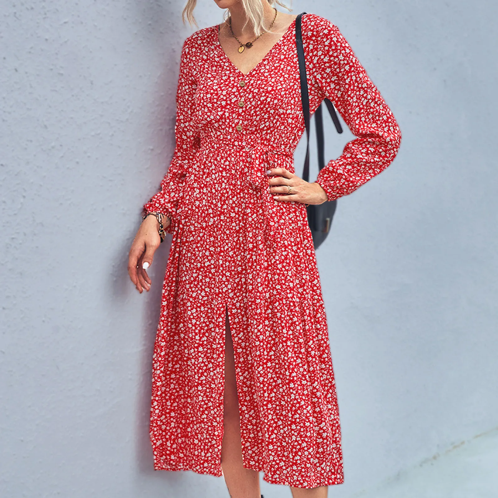 

Ladies V Neck Waist Floral Button Long Sleeve Slit Dress Petite Cocktail Dresses for Women Long Sleeve