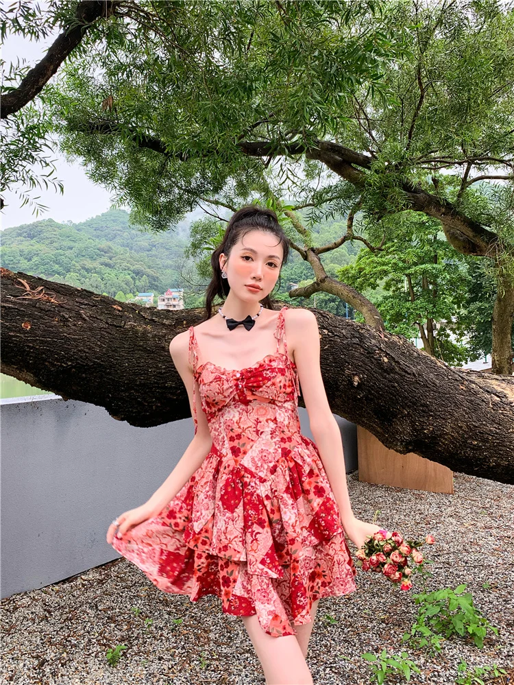 

BULOCHOVA Summer Designer French Retro Red Floral Spaghetti Strap Midi Dress Women Slash Neck Sleeveless Holiday Vestidos Female