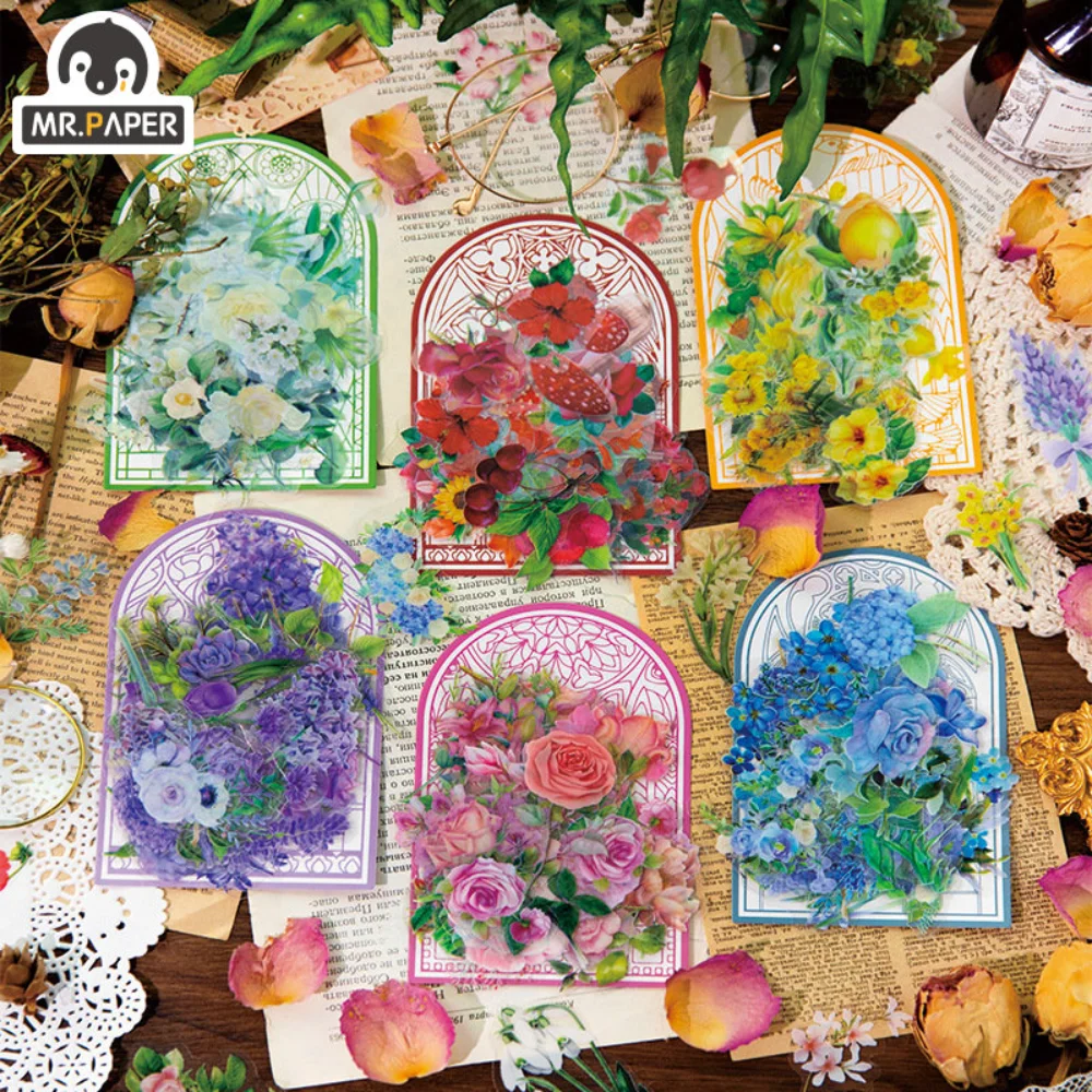 

Mr.Paper 6 Designs Floral Vintage Stickers Transparent Waterproof Plant Rich Pattern Handbook DIY Collage Korean Stationery