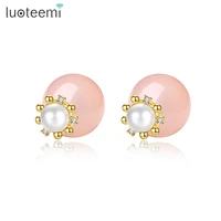 luoteemi cute imitation pearl stud earrings for women girls white pink fashion jewelry cz stone brincos dating christmas gifts