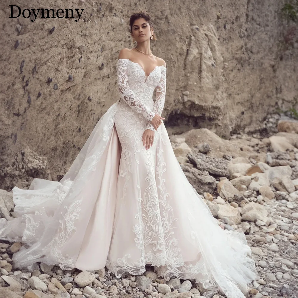 

Doymeny Wedding Dresses For Woman Mermaid Sweetheart Appliques Open Back Court Train Lace Detachable Gorgeous Vestidos De Novia