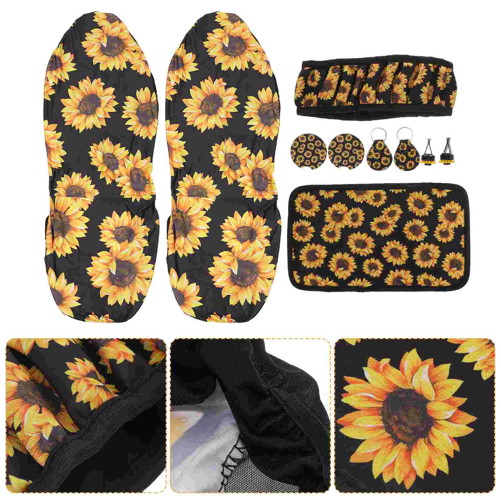 

Sunflower Car Auto Accessories Set Steering Wheel Cup Covers Air Vent Coaster Cover Mat Key Holder Ring Clip Charm Flower Yellow