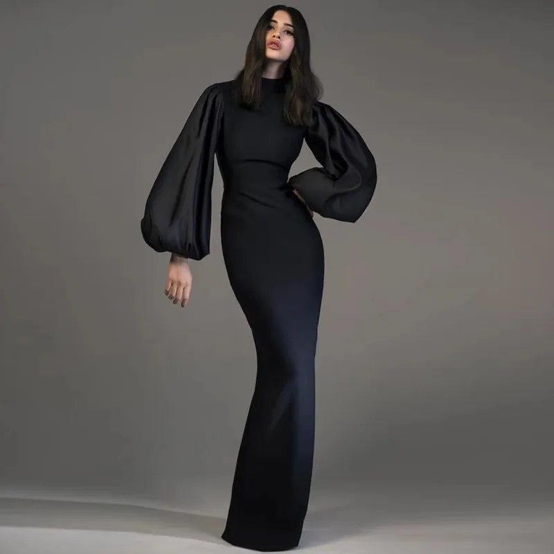 

Sheath / Column Minimalist Elegant Wedding Guest Formal Evening Dress High Neck Long Sleeve Floor Length Spandex with Sleek