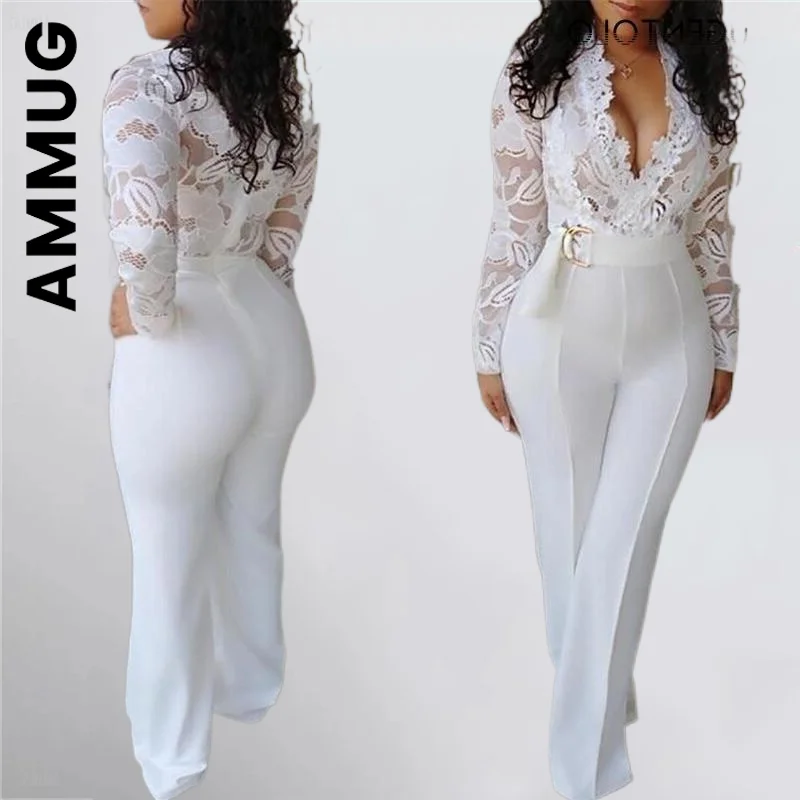 

Ammug Women White Jumpsuit Lace Stitching Long Sleeve V-neck Plus Size Wide Leg Long Pants Office Lady Jumpsuits for Women