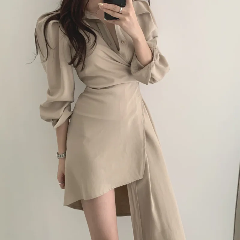 

Robe Ete Femme 2020 Autumn Korean Casual Shirt Dress Women Fashion Slim Waist Irregular Long Dresses Vestidos Sukienki Letnie