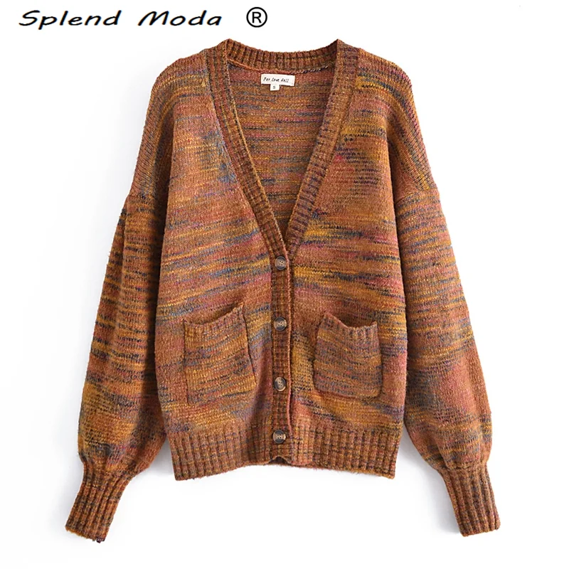 

Splend Moda New Autumn Vintage Chic Jacquard Knitted Cardigans Sweaters Women Street Style Loose Sweater Female V-neck Knitwear