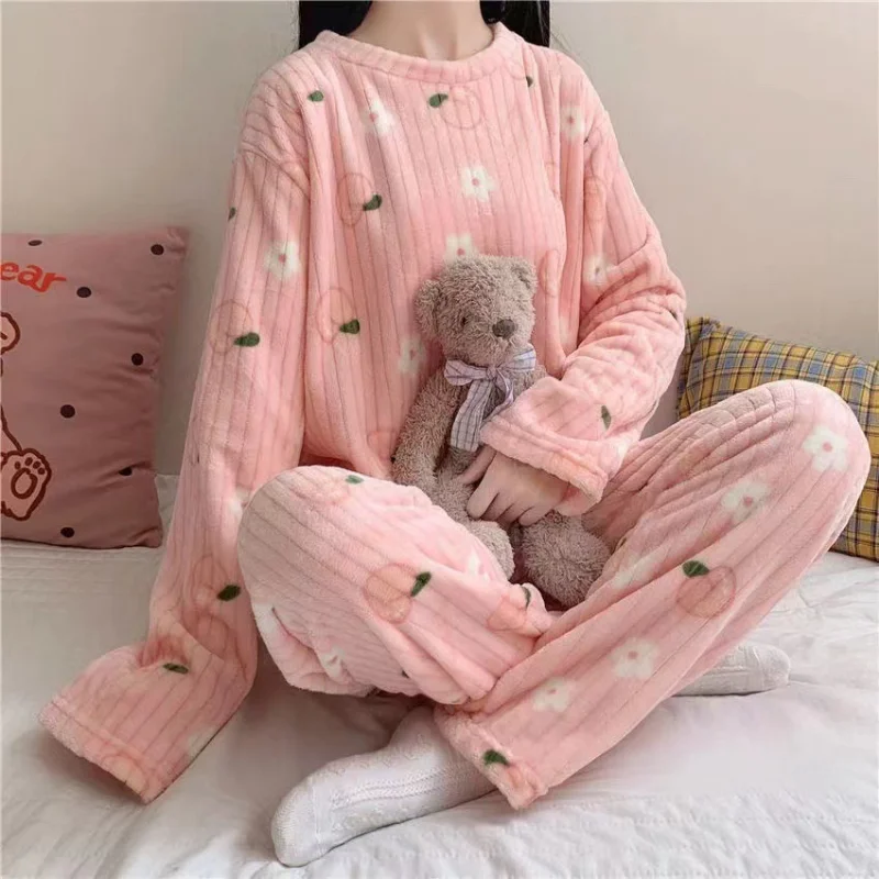 Cute Sweet Autumn Winter Warm Pajama Set Women Chic Coral Fleece Peach Print Soft Homewear Female Sleepwear Pyjamas 2 Piece Sets