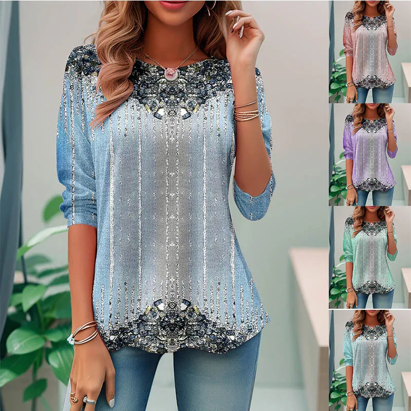 

Women's Print Long Sleeve Casual Autumn Loose Fashion Basic Round Neck Painting T Shirt