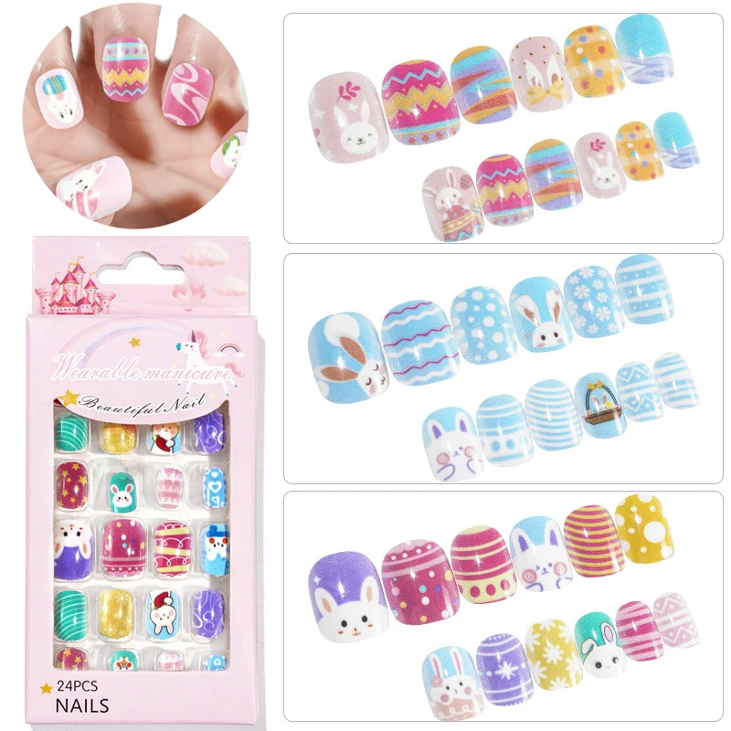 

24Pcs Children False Nail With Pre-glue Cartoon Full Cover Easter Bunny Press on Children Nail Art for Girls Manicure Tool