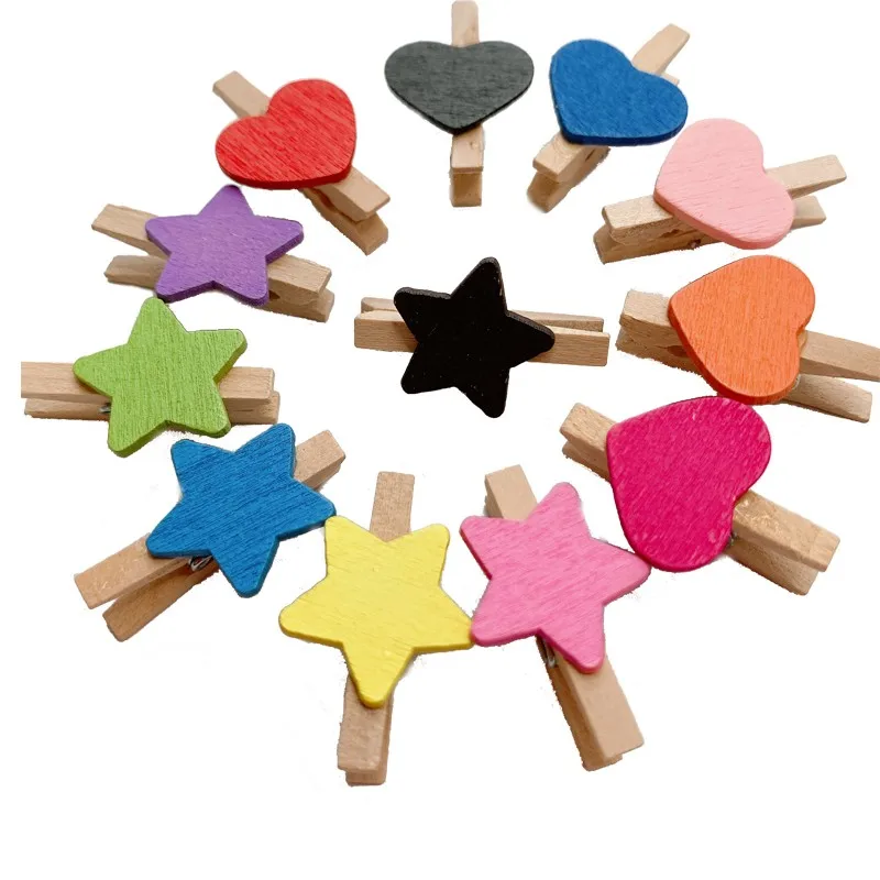 

10PCS/lot New Fashion Cute Special Gift colors star Heart Wooden Clip Mini Bag Clip Paper Clip wood pegs