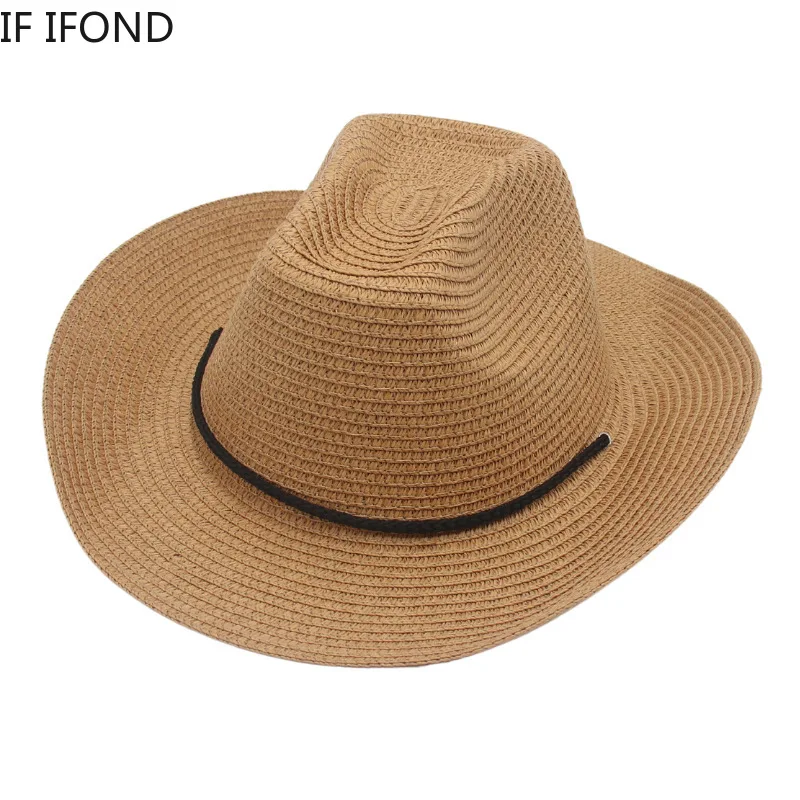 

New Western Cowboy Straw Hat For Men Solid Curling Brim Beach Sun Hats Summer Women Panama Cowgirl Jazz Caps