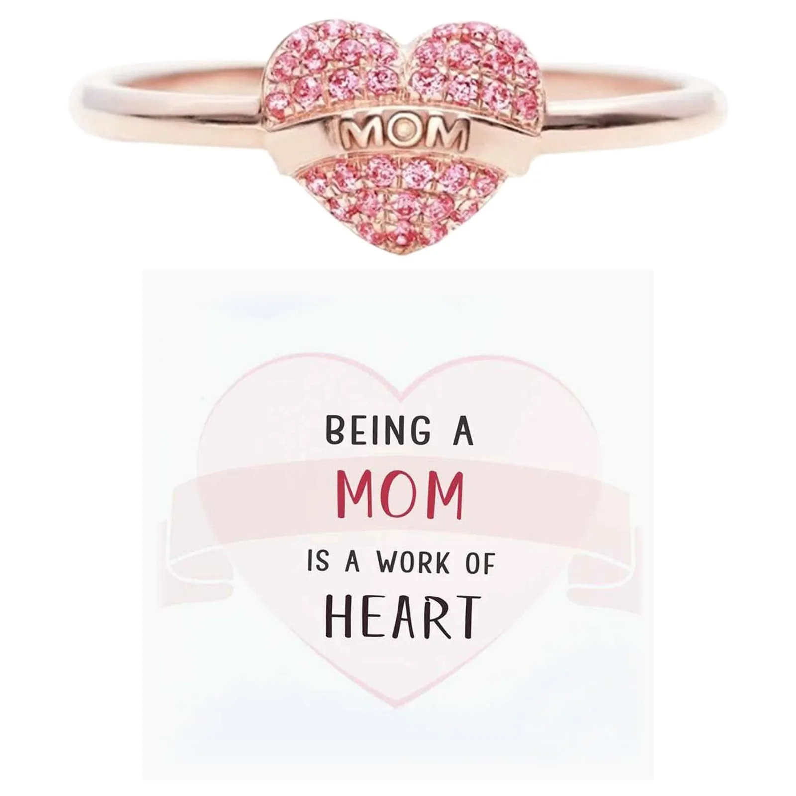 

Love Heart MoM Rings for Women Pink Zircon Adjustable Stacking Jewelry with Card Mother's Day Gift