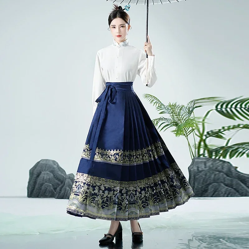 Традиционное платье Hanfu синяя юбка с вышивкой лошадиное лицо рубашка длинным