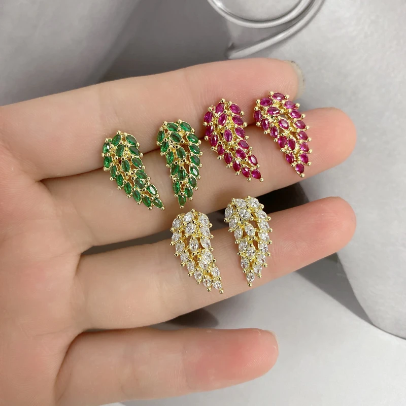 

Fashion Jewelry Gold Plated Brass Wing Shape Colors CZ Cubic Zirconia Stud Earrings For women Gift