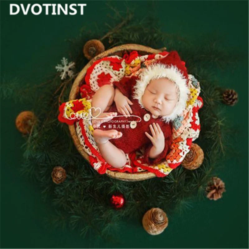 Dvotinst Newborn Baby Photography Props Crochet Knit Christmas Outfits Clothes Set Rompers Cotton Yarn Fotografia Photo Prop
