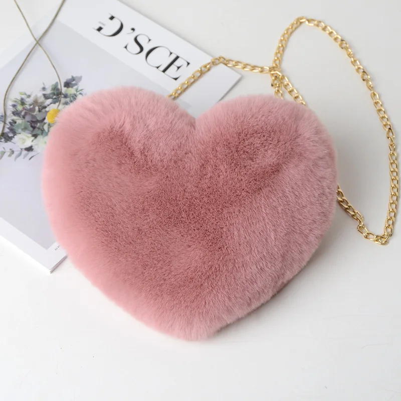 Fashion Women's Heart Shaped Handbags Cute Kawaii Faux Fur Crossbody Bags Wallet Purse Plush Chain Shoulder Bag Lady Handbag images - 6