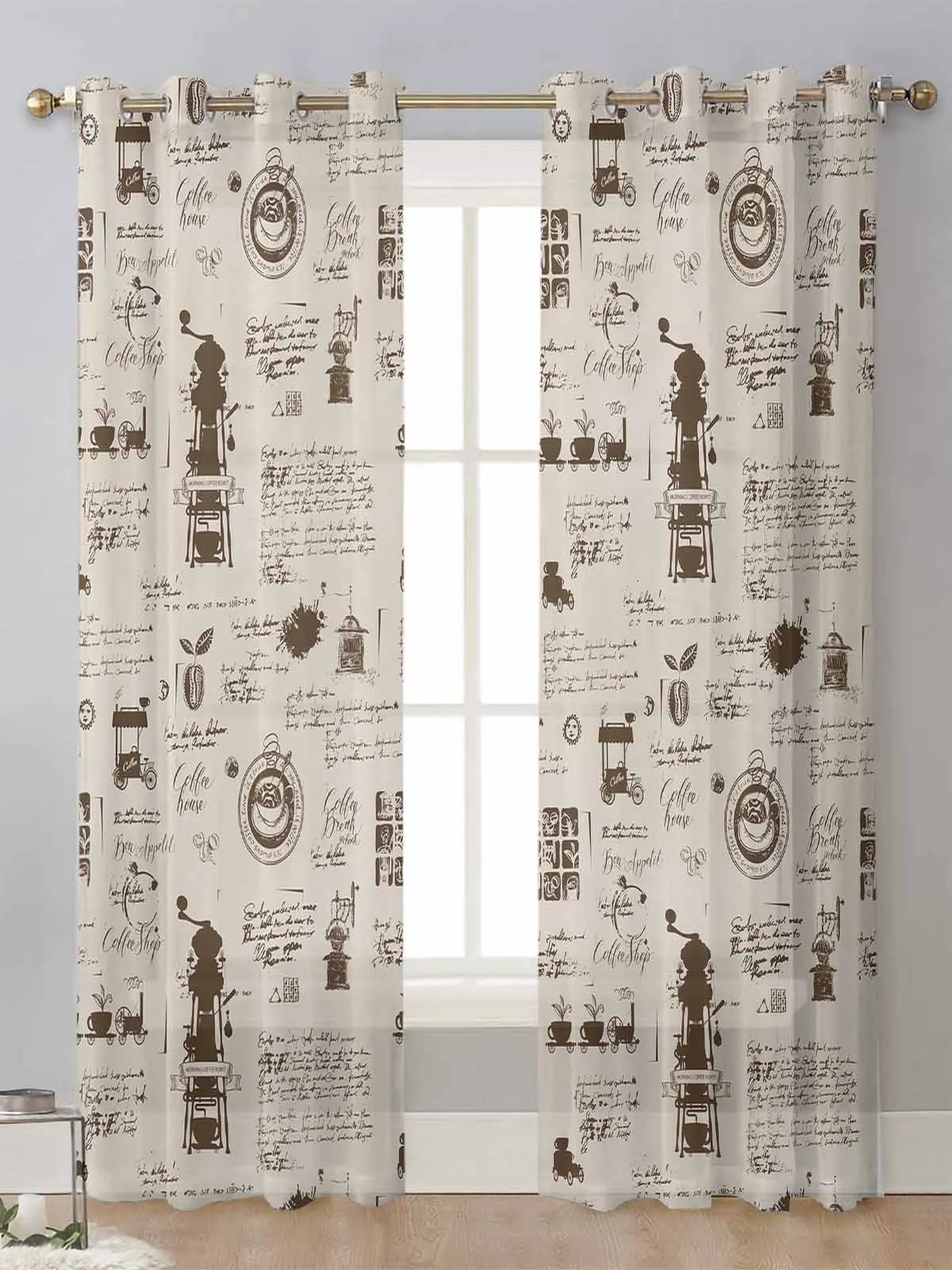 

Coffee Grinder Retro Style Sheer Curtains For Living Room Window Transparent Voile Tulle Curtain Cortinas Drapes Home Decor