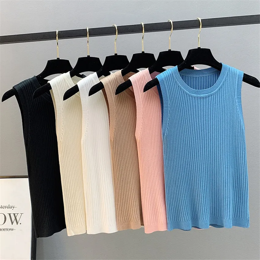 

Women Knitted Tank Tops Female Solid Sleeveless O-Neck T-shirt Women Sleeveless Camis For Women Summer Thin Knitwear
