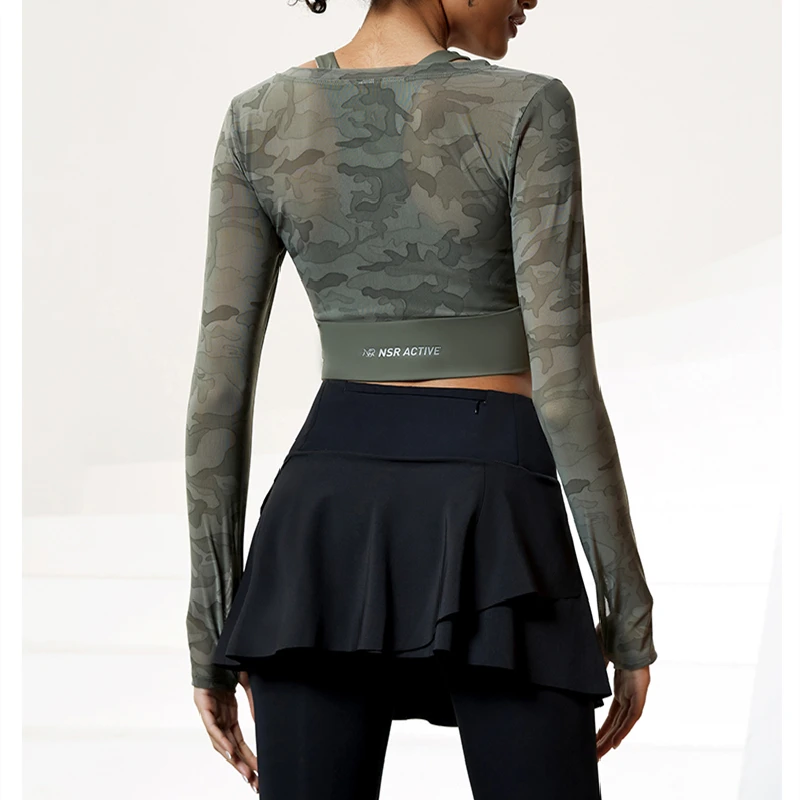 Women Camouflage Long Sleeve 2 in 1 Cross Back Yoga Shirt Mesh Breathable Running Wear Workout Gym Sport Tops With Chest Pad