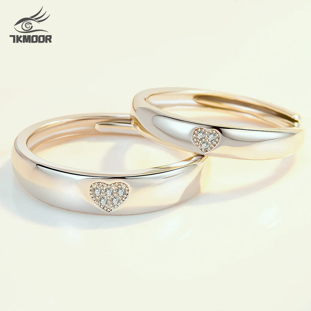 

New Silver color Plated Love Couple Ring Fashion Heart-Shaped Adjustable Opening Inlaid Zircon A Pair Lovers Rings Jewelry Gift