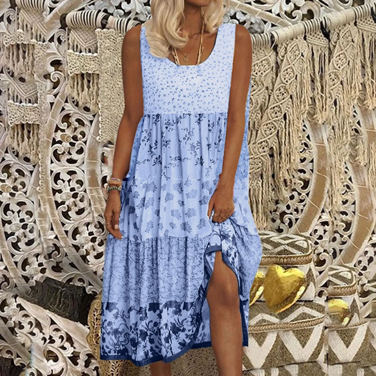 

Summer Ladies Elegant Dresses Women's Bohemian Floral Print Sexy Round Neck Sleeveless Beach Flowy Party Maxi Dress