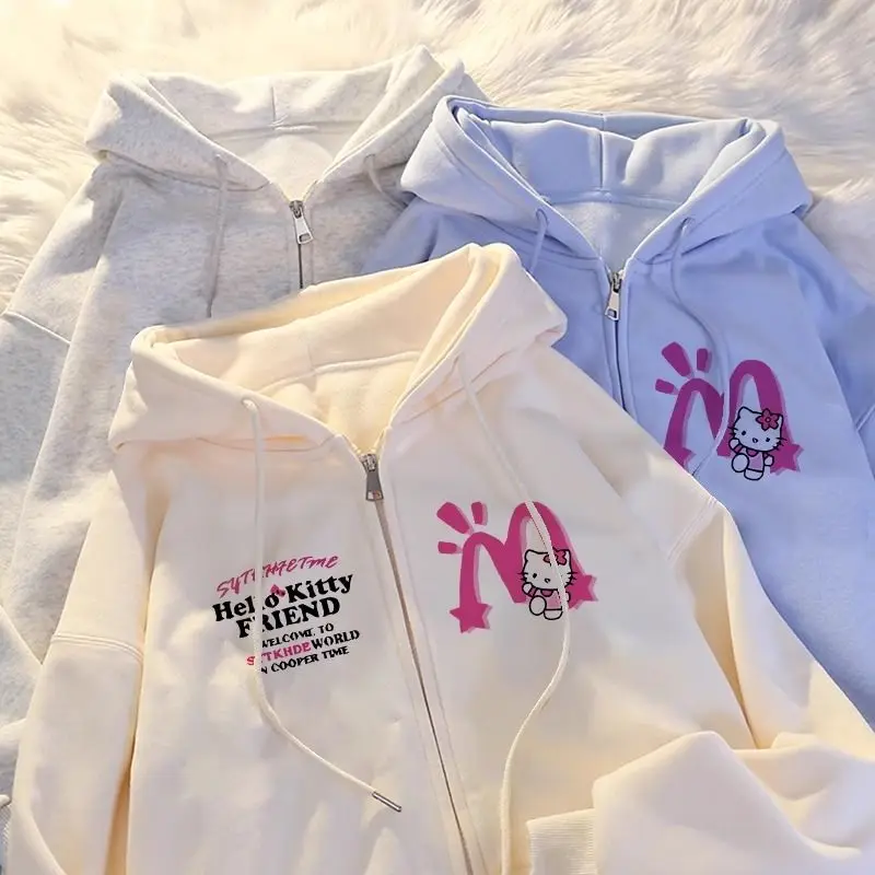 

Nice Hello Kitty Printing Pure Cotton Cartoon Sweater with Zipper Autumn Regular Thin or Winter Fleeced Long-Sleeved Hooded Tops