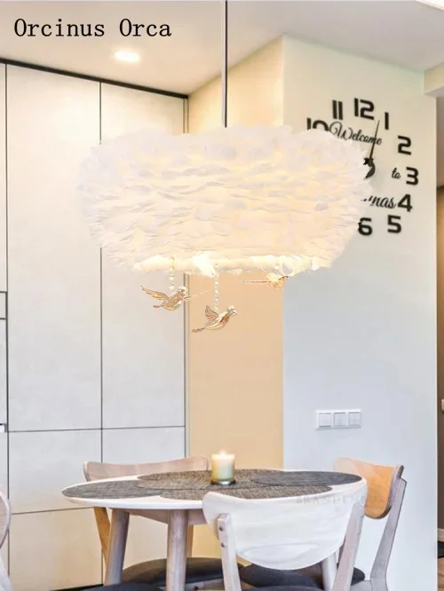 Nordic Cartoon Crystal Bird Feather Chandelier Children's Room Bedroom Modern Simple Dream LED White
