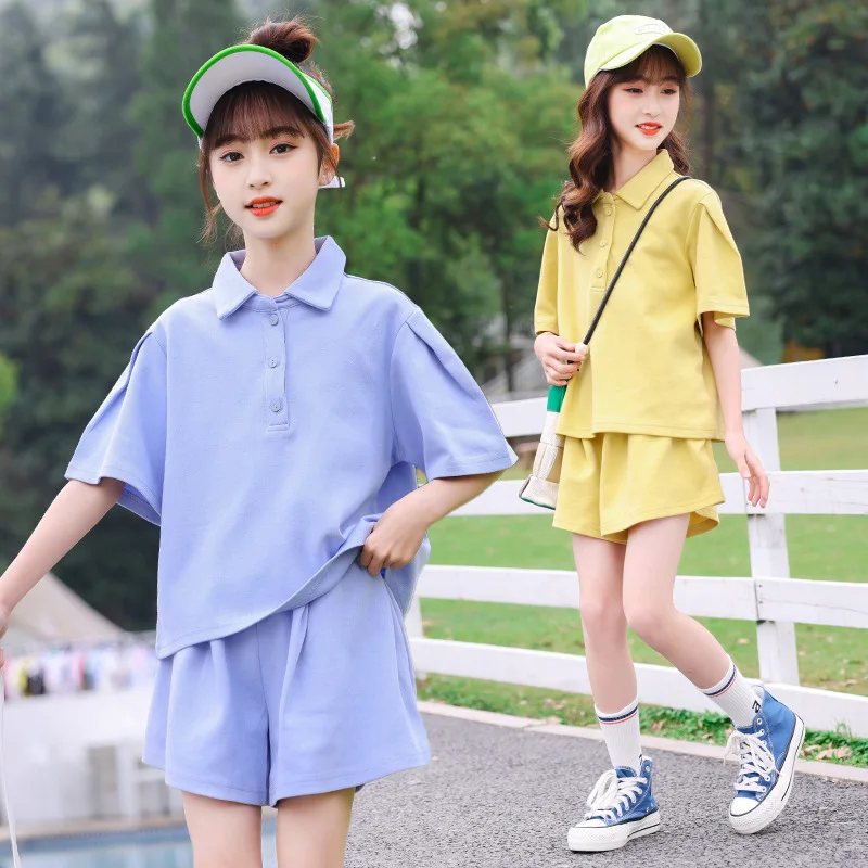 

2022 summer Girls clothes soft cotton Tracksuit Kids loose short sleeve solid t shirt + sport shorts pant 6 7 8 9 10 12 13 years