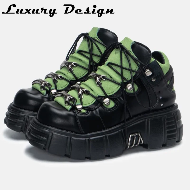 

Punk Style Chunky Sneakers Women Gothic Lita Shoe Metal Decor Lace Up Casual Shoes 6CM Thick Se Flats Shoes Platform Trainer