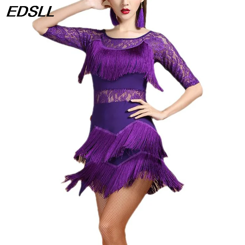 

New Fashion Latin Dance Adult Female Performance CostumeTango Samba Rumba Ballroom Costumes Sexy Lace Tassels Bodycon Drest