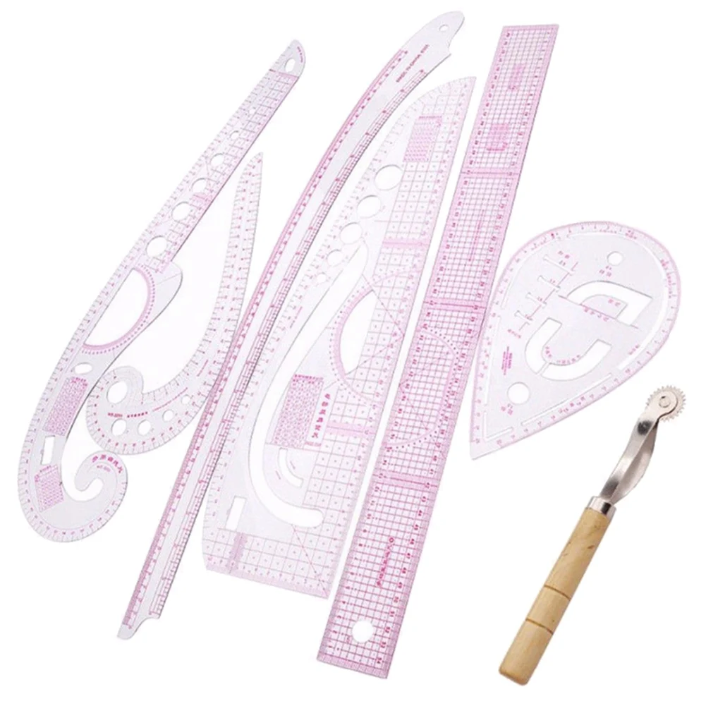 

7Pcs/Set Ruler Tailor Measuring Kit Clear Sewing Drawing Ruler Yardstick Sleeve Arm French Curve Set Cutting Ruler Paddle Wheel