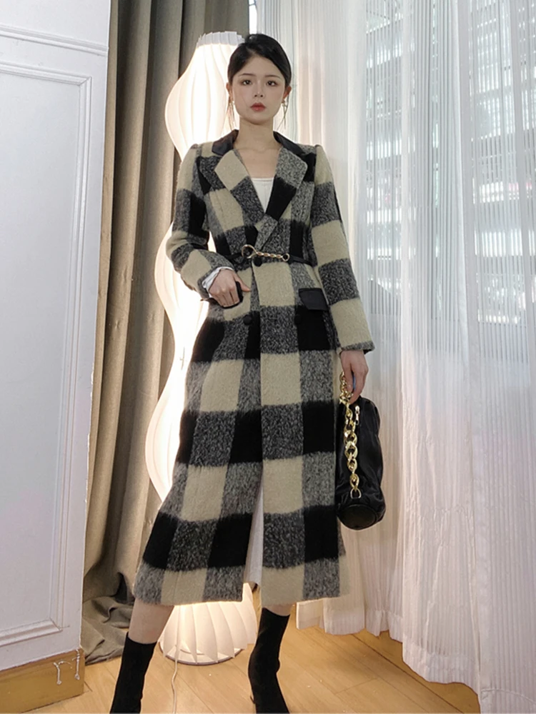 Women Vintage Plaid Slim Long Woolen Coat Winter 2022 New Female Elegant Long Sleeve Outerwear Fashion Korean Ladies Overcoat