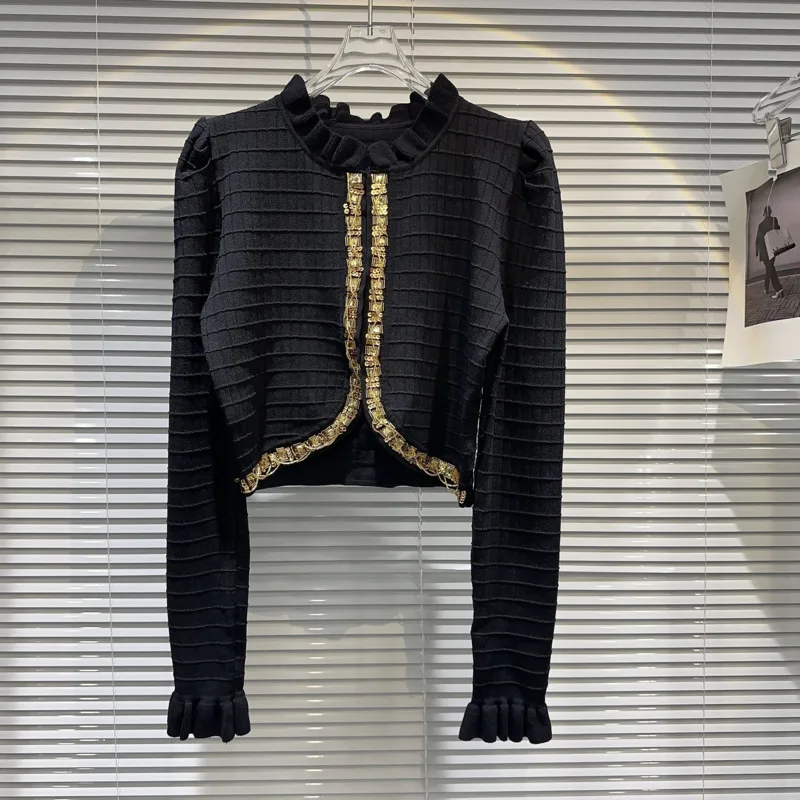

BORVEMAYS Patchwork Sequins Knitting Sweater Women Stand Collar Long Sleeve Pleated Beading Autumn New Women Tops WZ5565