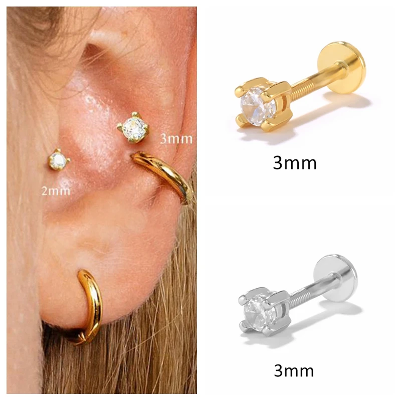 

BOAKO 1pc 2mm/3mm 925 Sterling Silver Stud Earrings for Women Cute Threaded Earring Kraakbeen Piercing Mom Gift 2022 Trend Party