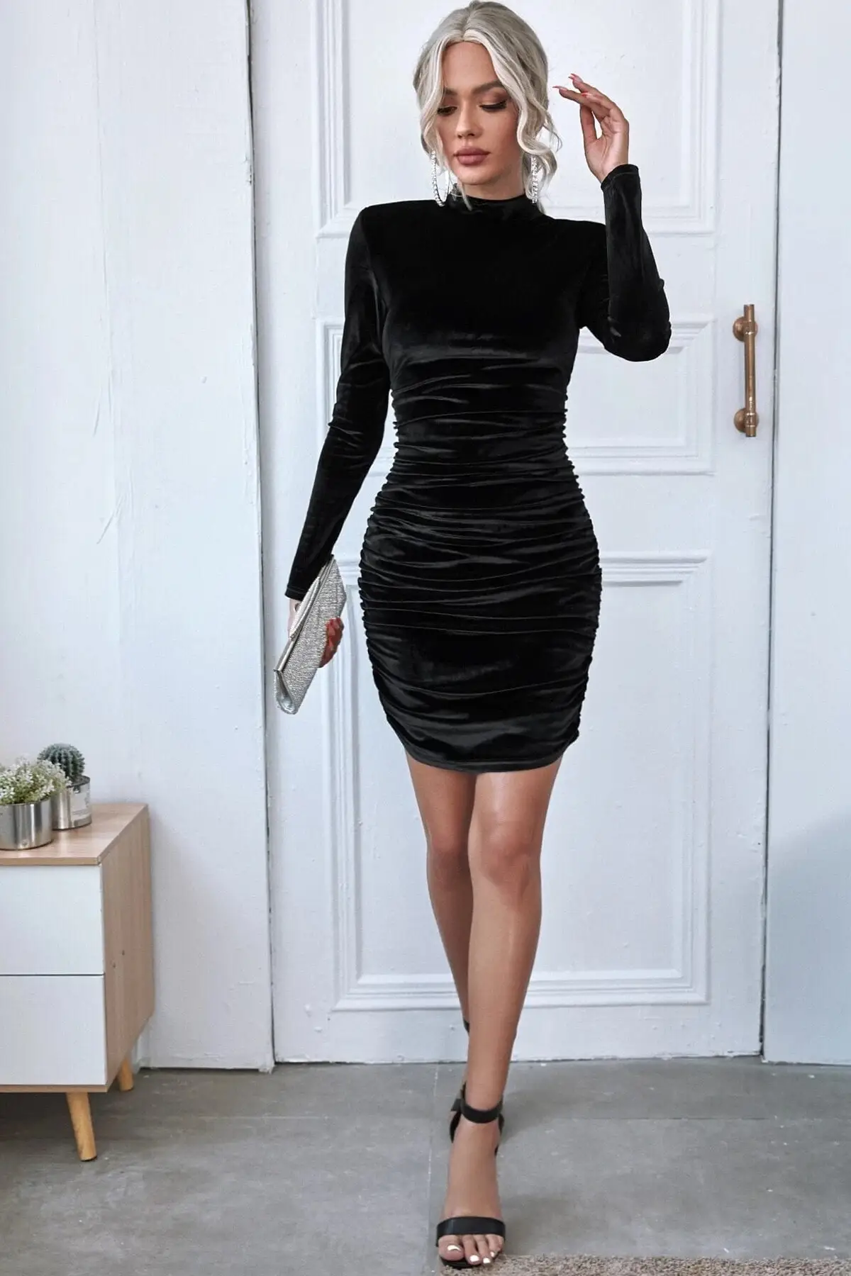 

Narrow Cut Half Turtleneck Sides Shirred Black Velvet Dress Long Mini Solid Color Standard Button Knitted Trend Medium
