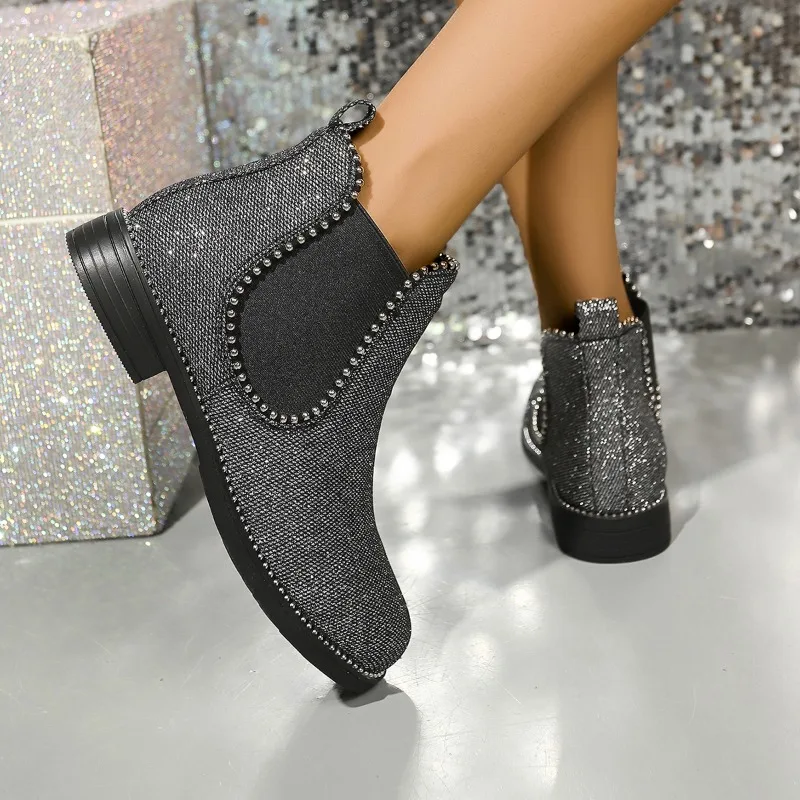 Женские ботильоны на низком каблуке модная блестящая обувь женская трендовая