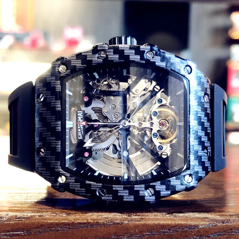 

Skeleton Automatic Mechanical Men Watch Luxury Top Brand Hip Hop Mens Hollow Watches Male Tonneau Clock Hombre Relogio Masculino