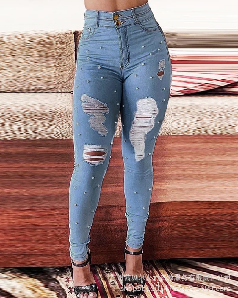 

2021 New Bubble Bead Denim Trousers Jeans Women Ripped Jeans for Women Jeans for Women