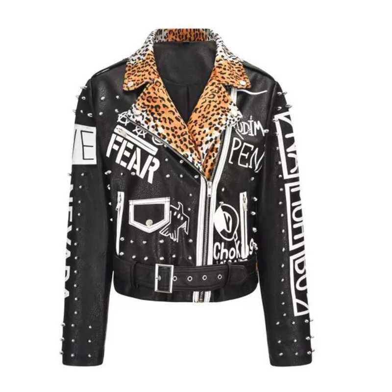 New motorcycle leather jacket womens rivet leopard print stitching heavy industry graffiti print slim punk rock PU coats black