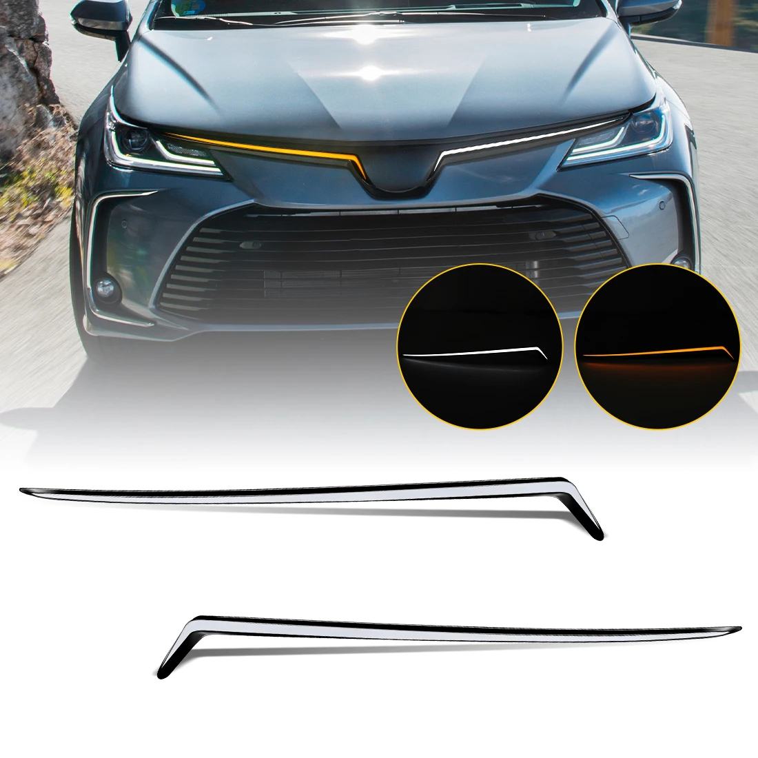 Фото Светодиодные ДХО для Toyota Corolla 2019-2025: Дневные ходовые огни с динамической анимацией при запуске, подсветка капота, динамические указатели поворота №1