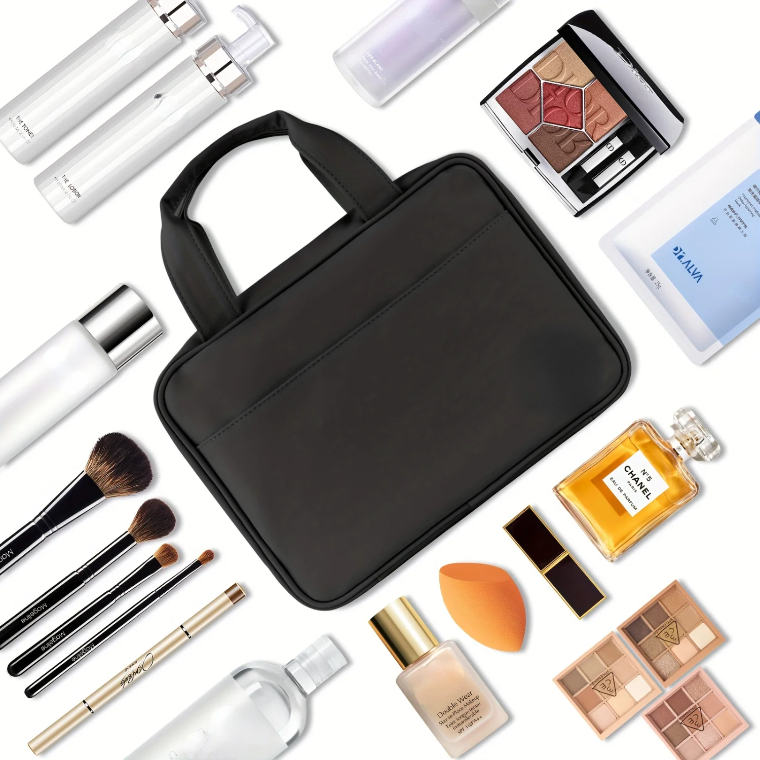 HZB-501 Handheld Makeup Bag - Sleek Black Design Travel Size Water-Resistant On-The-Go Beauty Essentials