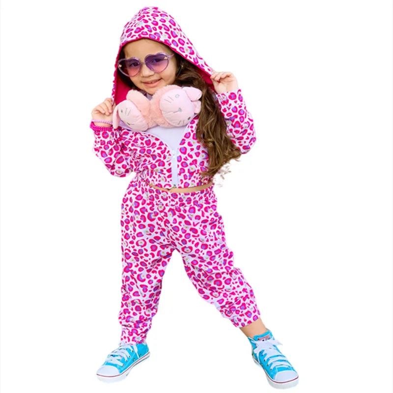 

Женский осенний комплект одежды для маленьких девочек, пальто с капюшоном и леопардовым принтом + повседневные брюки, детские весенние Розо...