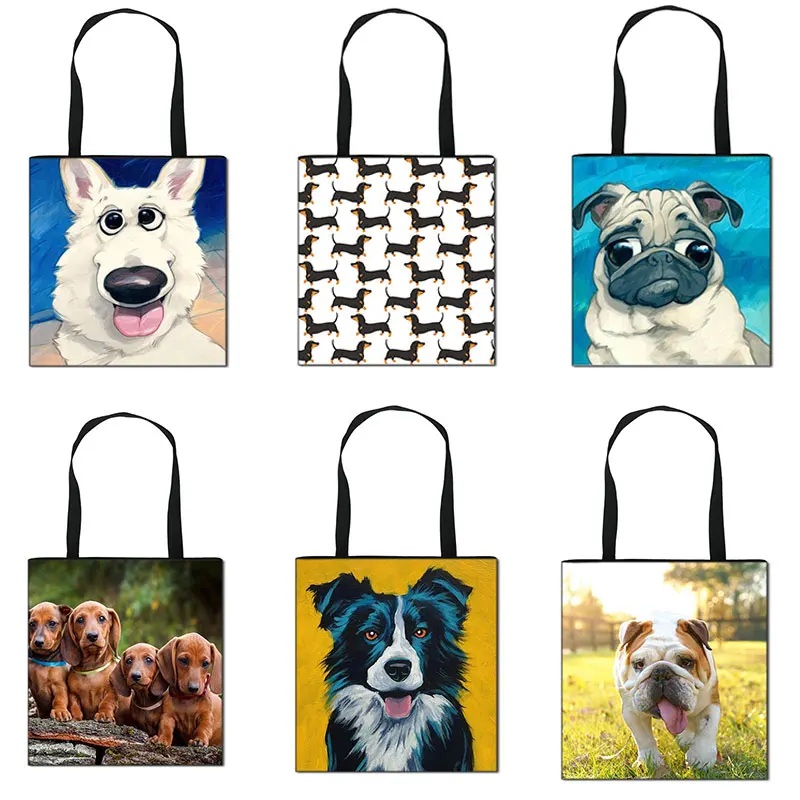 

Cute Cartoon Dog Print Handbag Ladies Green Shopping Bag Dachshund Pug Girl Shoulder Bags Tote Bag Gift