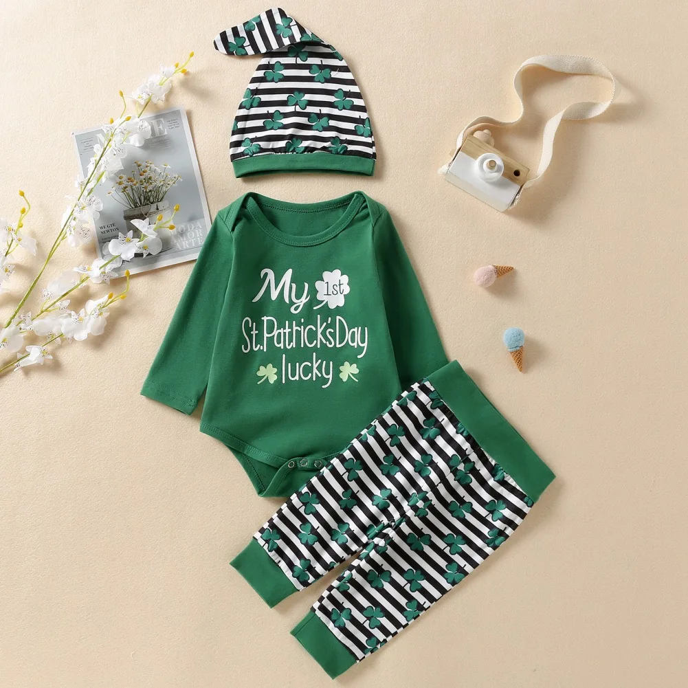 

Fashion Baby St. Patrick's Day Romper Pant Hats Set 3Pcs Baby Festival Outfits Four-leaf Clover Lucky Casual Long Sleeve Clothe
