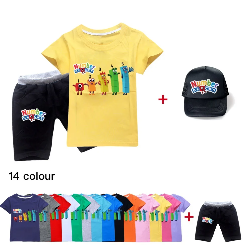 New Summer Toddler Girls Number Blocks Clothes 2pcs Outfits Kids Clothes Girl Tracksuit Suit For boys Children Clothing Sets+cap