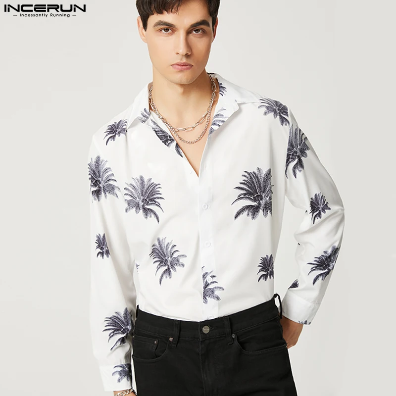 

Мужская гавайская рубашка INCERUN с принтом для отпуска, отворот, длинный рукав, мужская одежда 2023, уличная мода на пуговицах, повседневные футб...